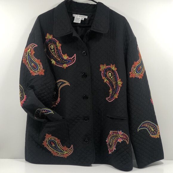 Maggy London Quilted Silk Jacket Women Size 16 Embroidered Paisley Blazer Shaket - Picture 1 of 7